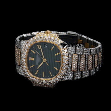 Patek Philippe Nautilus Black Dial Stick Markers Diamond Bezel Two Tone Yellow Gold Moissanite Diamond Front Side View.