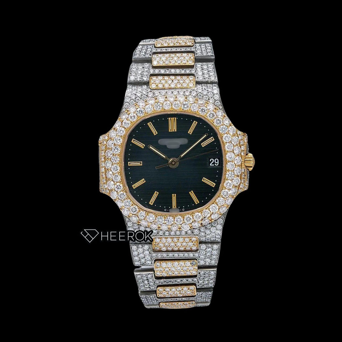 Patek Philippe Nautilus Black Dial Stick Markers Diamond Bezel Two Tone Yellow Gold Moissanite Diamond Front View.