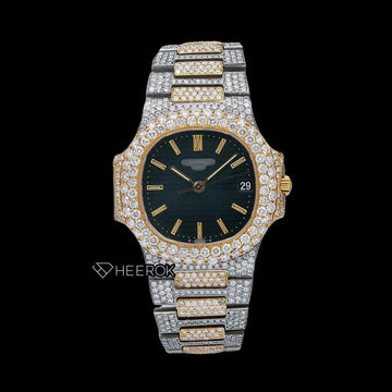 Patek Philippe Nautilus Black Dial Stick Markers Diamond Bezel Two Tone Yellow Gold Moissanite Diamond Front View.