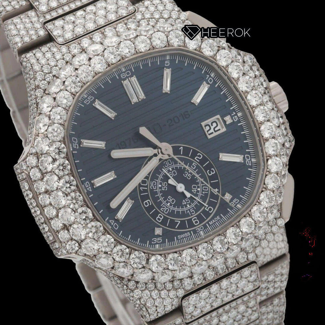 Patek Philippe Nautilus Blue Dial Chronograph Diamond Bezel Fully Iced Moissanite Diamond Front View