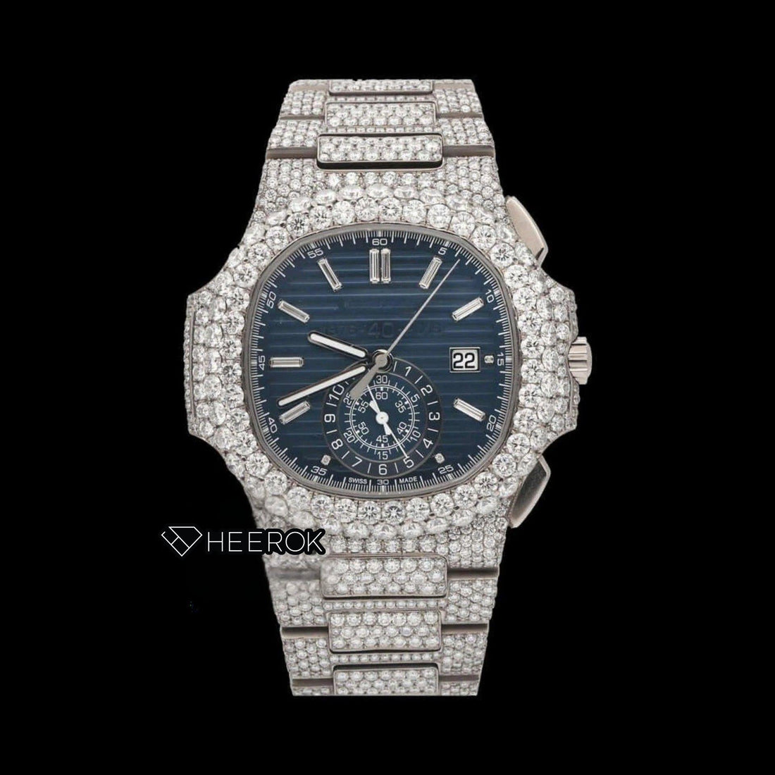 Patek Philippe Nautilus Blue Dial Chronograph Diamond Bezel Fully Iced Moissanite Diamond Front View