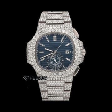 Patek Philippe Nautilus Blue Dial Chronograph Diamond Bezel Fully Iced Moissanite Diamond Front View