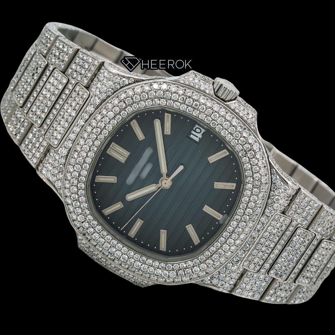 Patek Philippe Nautilus Blue Dial White Stick Markers Diamond Bezel Bust Down Moissanite Diamond Front View.
