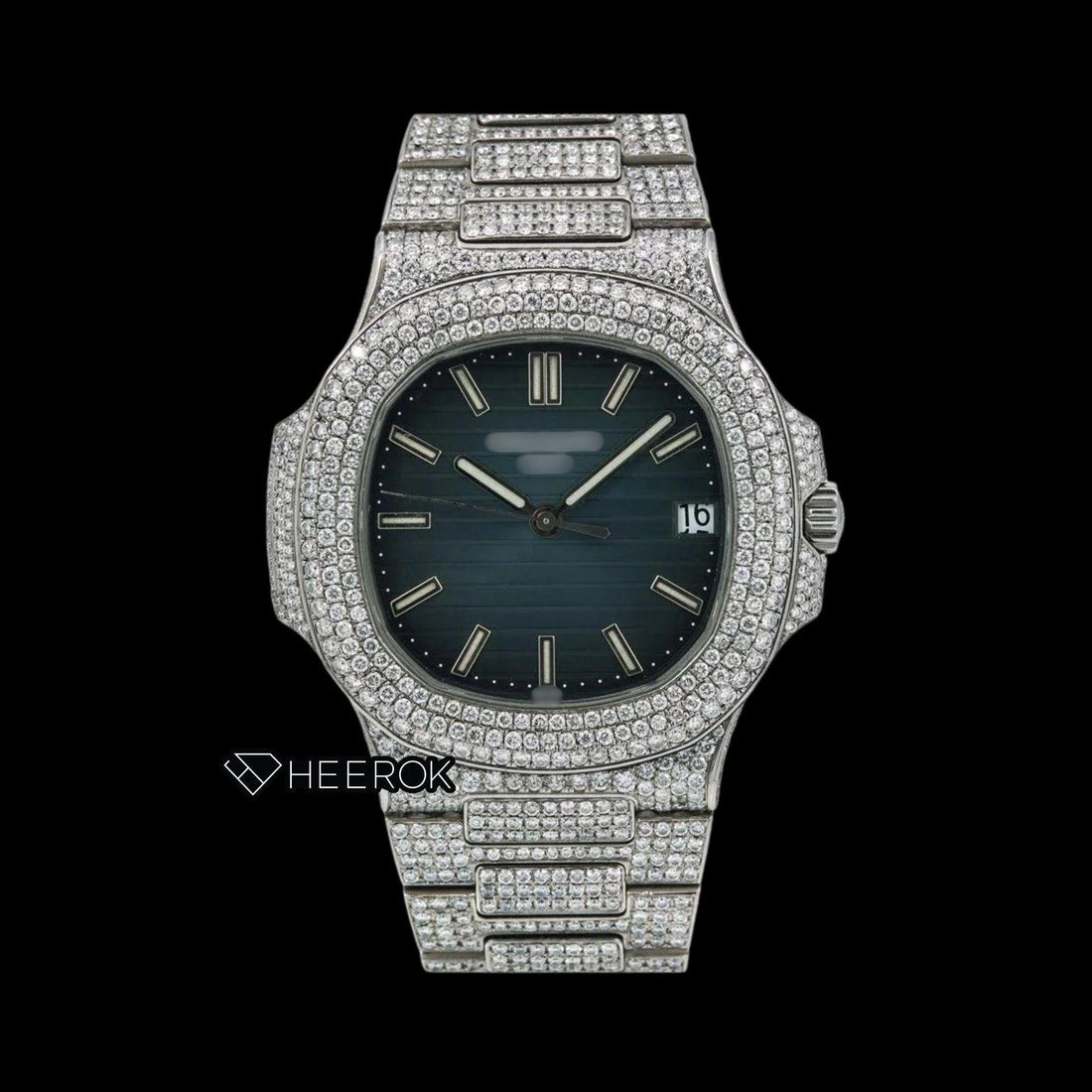 Patek Philippe Nautilus Blue Dial White Stick Markers Diamond Bezel Bust Down Moissanite Diamond Front View.