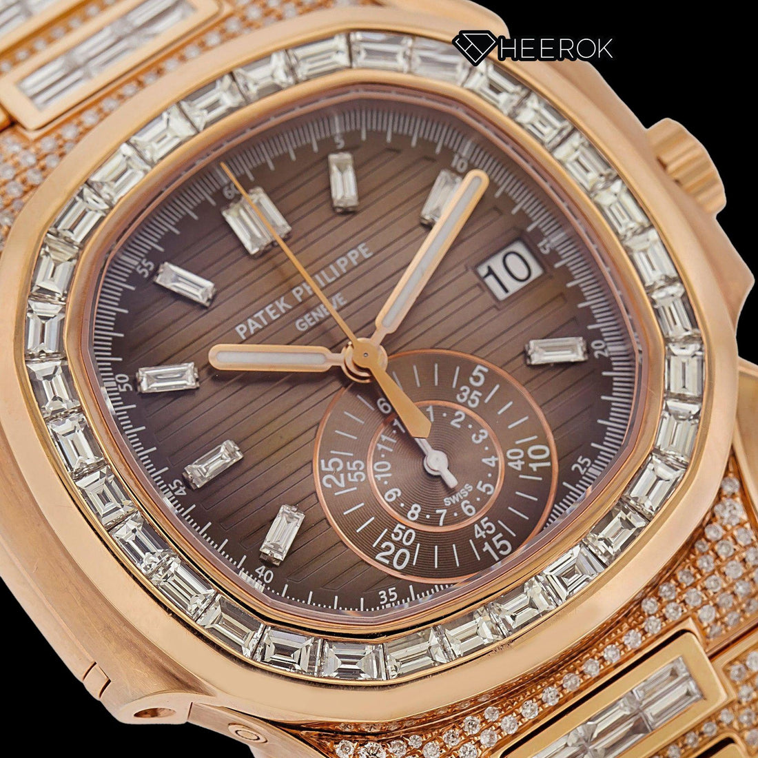 Patek Philippe Nautilus Brown Dial Baguette Diamond Markers Diamond Bezel Rose Gold Moissanite Diamond Front View