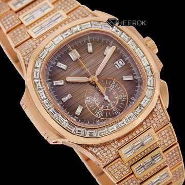 Patek Philippe Nautilus Brown Dial Baguette Diamond Markers Diamond Bezel Rose Gold Moissanite Diamond Front Close View.