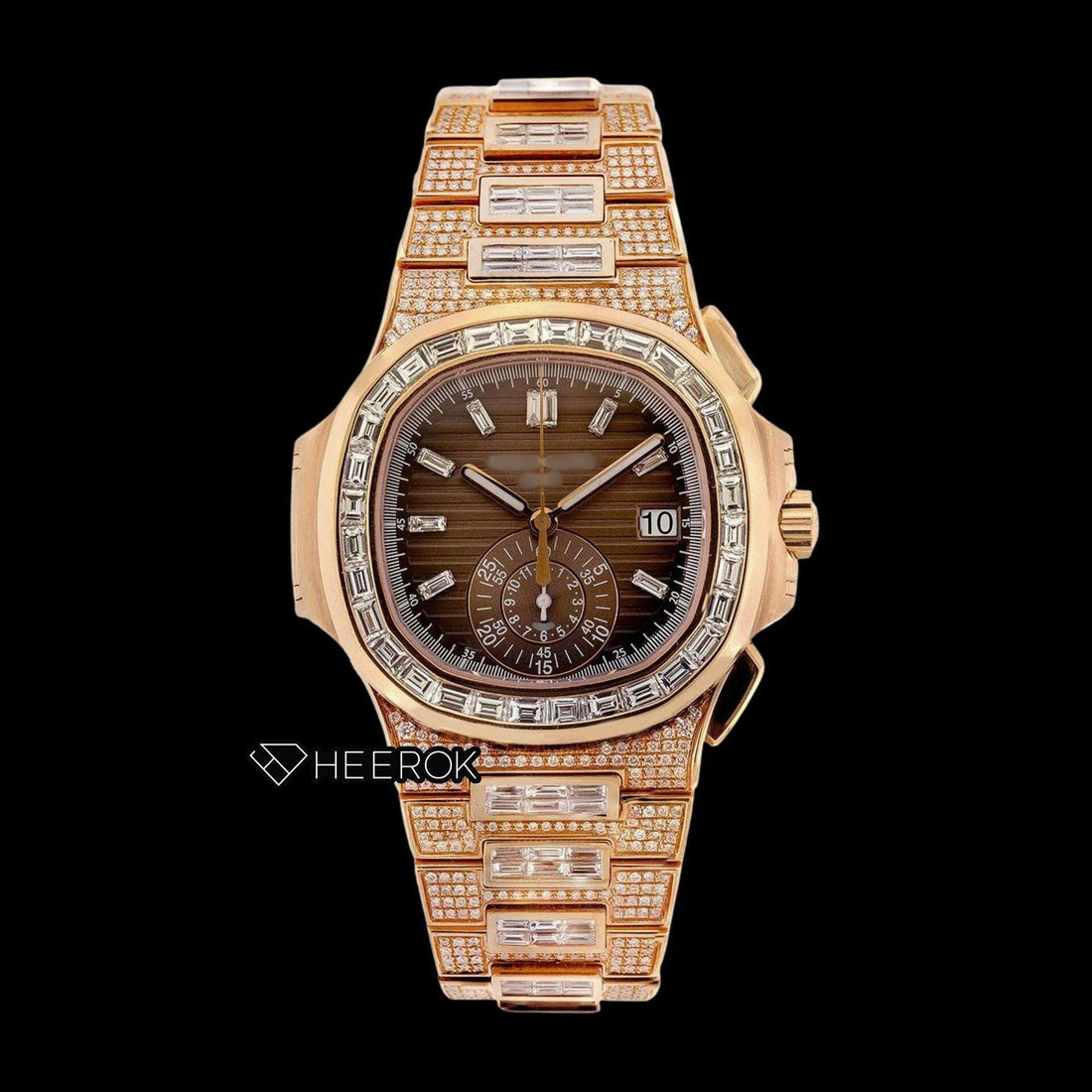 Patek Philippe Nautilus Brown Dial Baguette Diamond Markers Diamond Bezel Rose Gold Moissanite Diamond Front View.