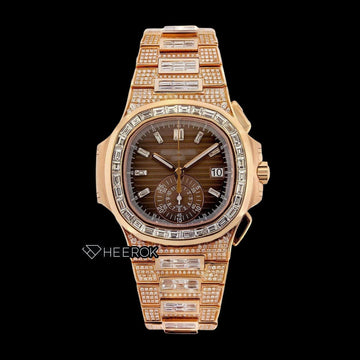 Patek Philippe Nautilus Brown Dial Baguette Diamond Markers Diamond Bezel Rose Gold Moissanite Diamond Front View.