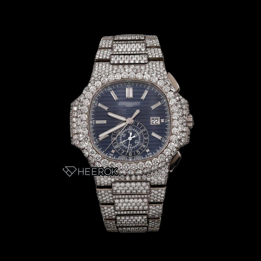 Patek Philippe Nautilus Chronograph Blue Dial Baguette Diamond Markers Diamond Bezel Fully Iced Moissanite Diamond Front View.