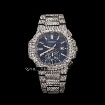 Patek Philippe Nautilus Chronograph Blue Dial Baguette Diamond Markers Diamond Bezel Fully Iced Moissanite Diamond Close Up Front View.