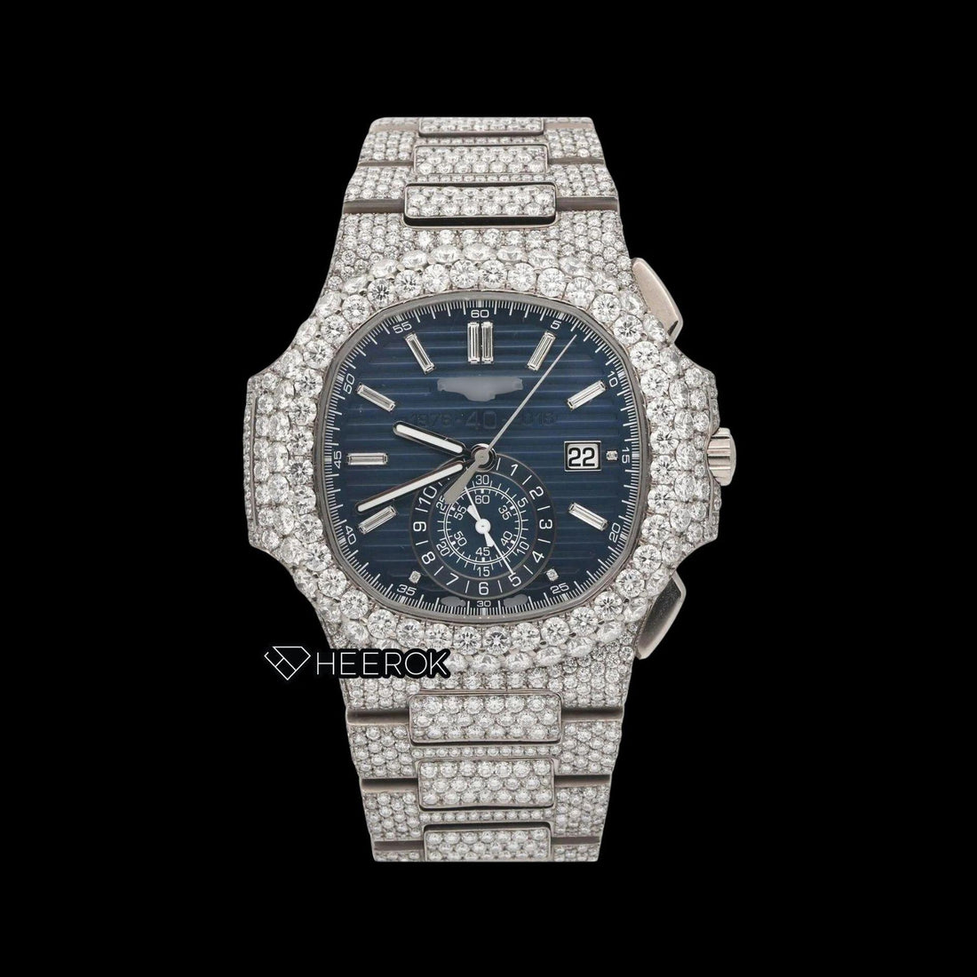 Patek Philippe Nautilus Chronograph Blue Dial Baguette Diamond Markers Diamond Bezel Fully Iced Moissanite Diamond Front View.
