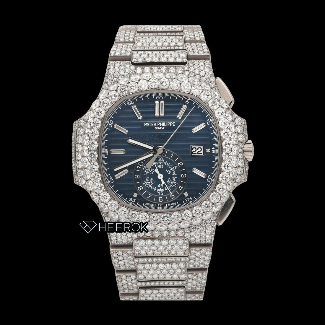Patek Philippe Nautilus Chronograph Blue Dial Baguette Diamond Markers Diamond Bezel Fully Iced Moissanite Diamond Front View