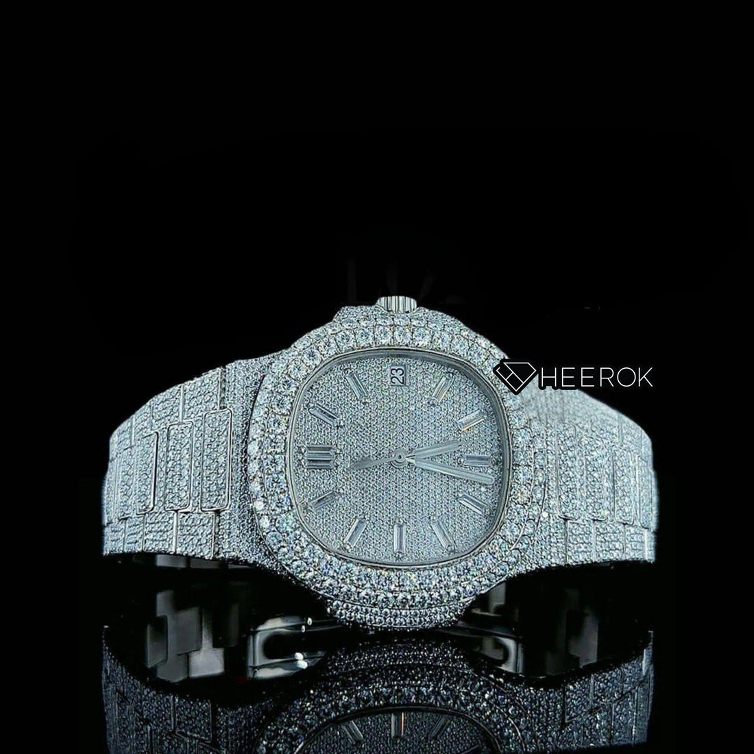 Patek Philippe Nautilus Full Pave Dial Baguette Diamond Hour Markers Diamond Bezel Fully Iced Moissanite Diamond Front View