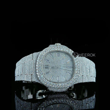 Patek Philippe Nautilus Full Pave Dial Baguette Diamond Hour Markers Diamond Bezel Fully Iced Moissanite Diamond Front View