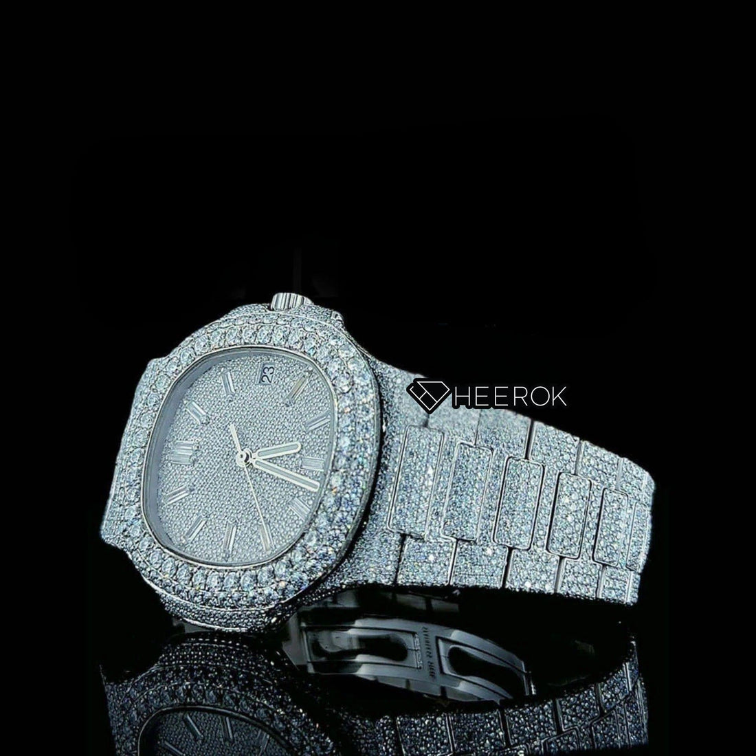 Patek Philippe Nautilus Full Pave Dial Baguette Diamond Hour Markers Diamond Bezel Fully Iced Moissanite Diamond Front View