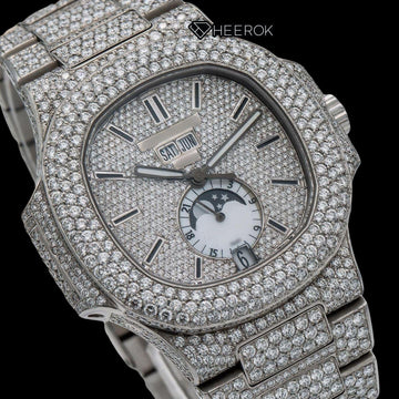 Patek Philippe Nautilus Full Pave Dial Black Stick Markers Diamond Bezel Fully Iced Moissanite Diamond Close Up Dial View.