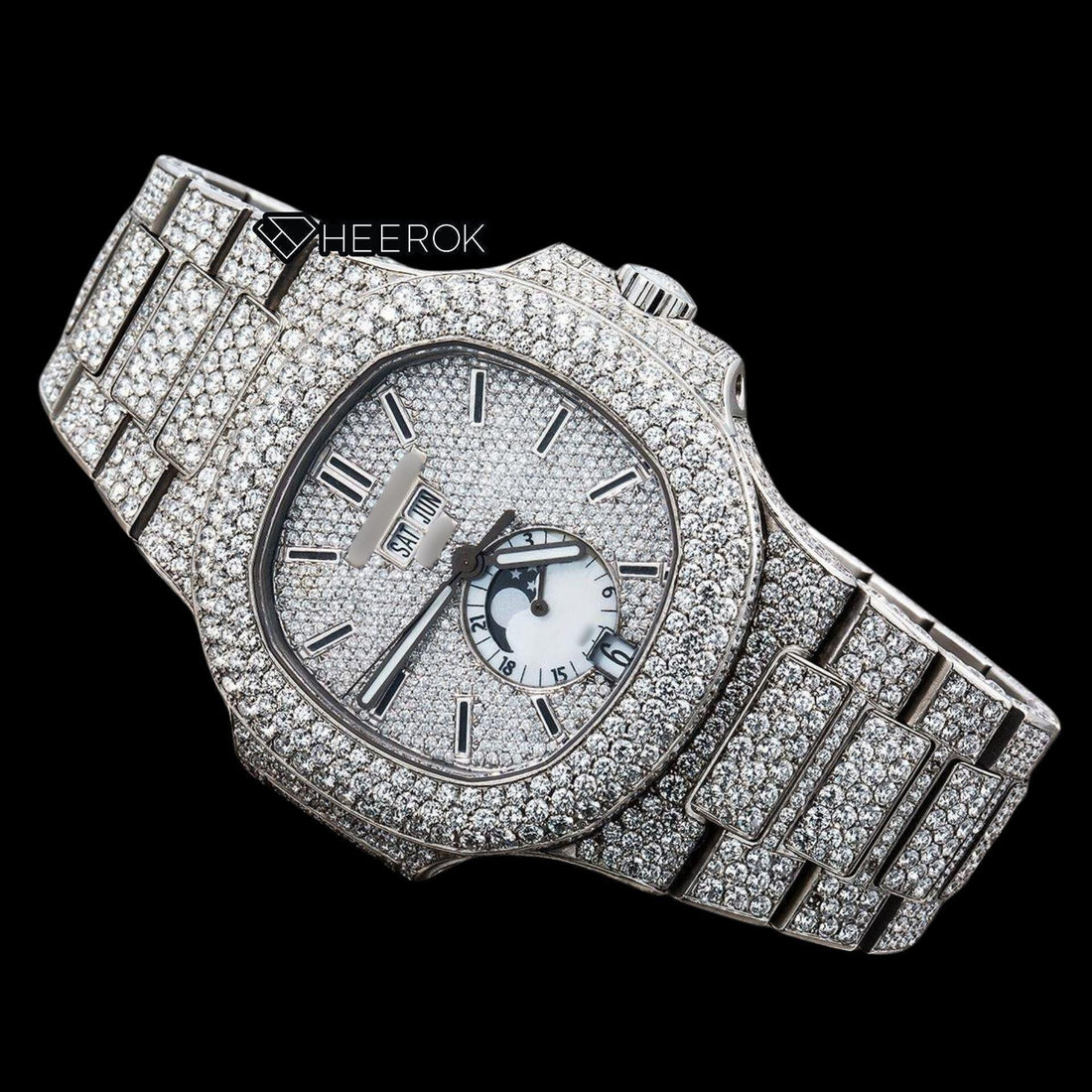 Patek Philippe Nautilus Full Pave Dial Black Stick Markers Diamond Bezel Fully Iced Moissanite Diamond Front View.