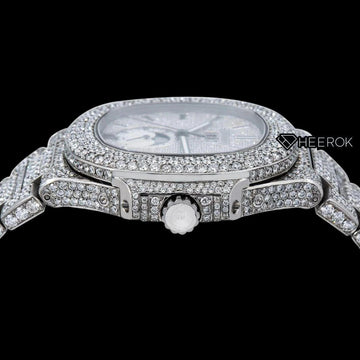 Patek Philippe Nautilus Full Pave Dial Black Stick Markers Diamond Bezel Fully Iced Moissanite Diamond Crown View.