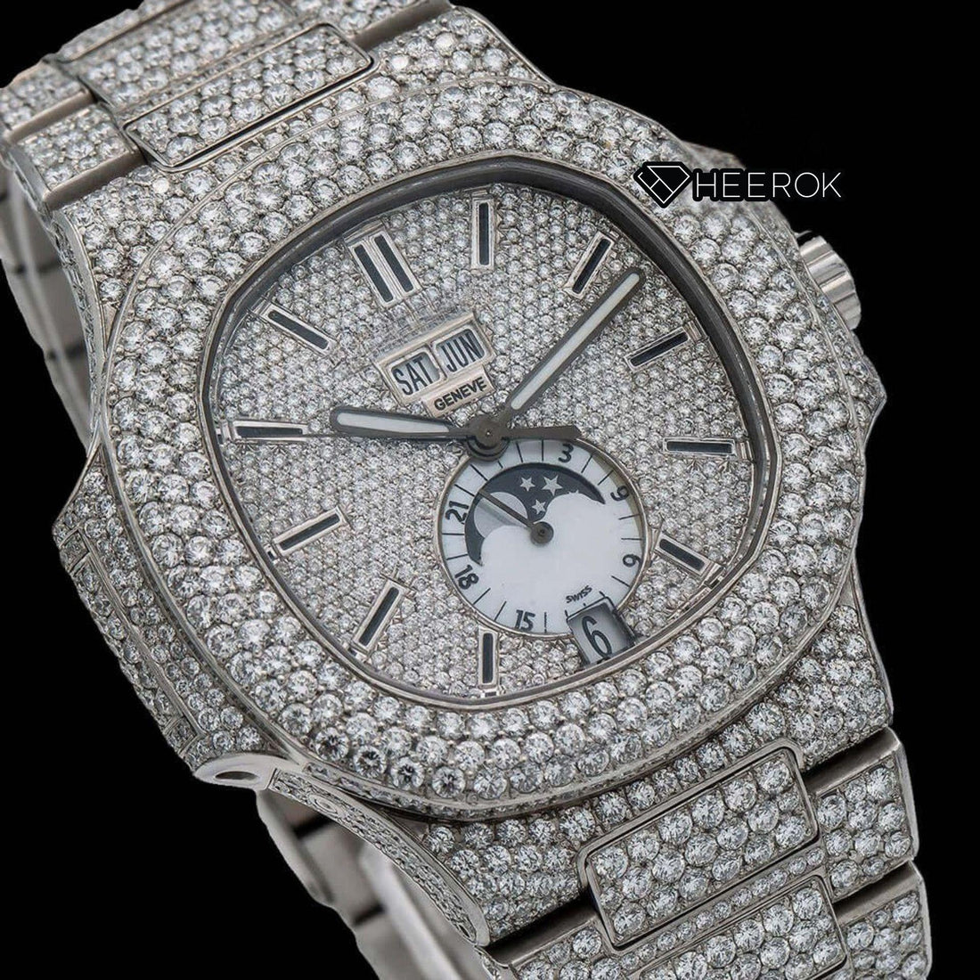 Patek Philippe Nautilus Full Pave Dial Black Stick Markers Diamond Bezel Fully Iced Moissanite Diamond Front View