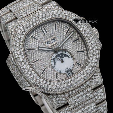 Patek Philippe Nautilus Full Pave Dial Black Stick Markers Diamond Bezel Fully Iced Moissanite Diamond Front Close View