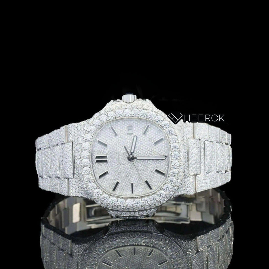 Patek Philippe Nautilus Full Pave Dial Black Stick Markers Diamond Bezel Fully Iced Moissanite Diamond Front Face View