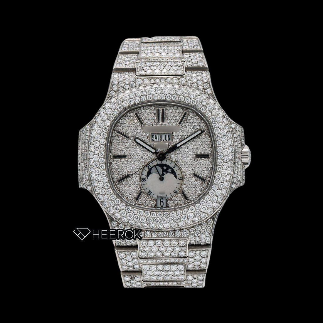 Patek Philippe Nautilus Full Pave Dial Black Stick Markers Diamond Bezel Fully Iced Moissanite Diamond Front View.