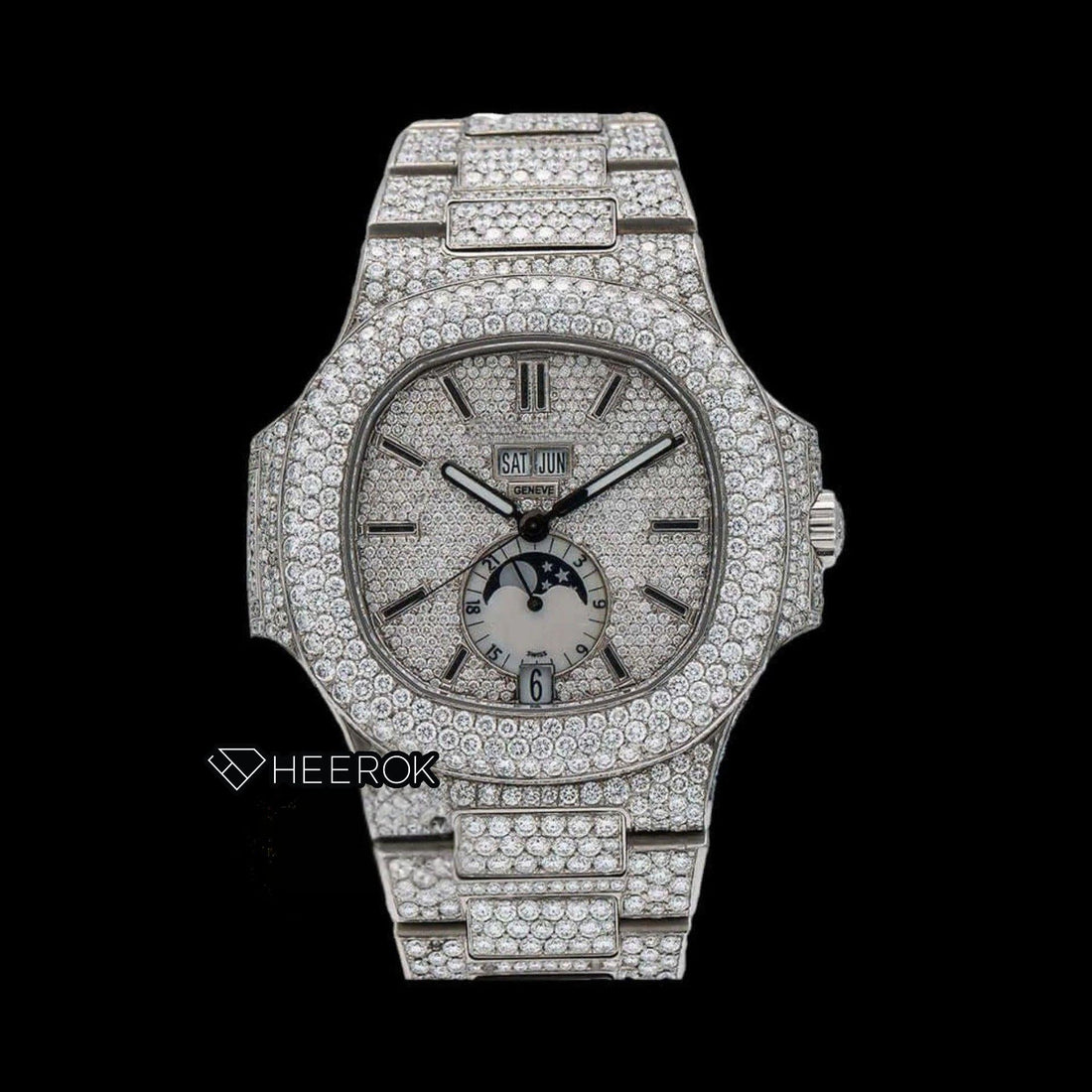 Patek Philippe Nautilus Full Pave Dial Black Stick Markers Diamond Bezel Fully Iced Moissanite Diamond Front View