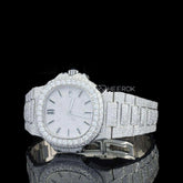 Patek Philippe Nautilus Full Pave Dial Black Stick Markers Diamond Bezel Fully Iced Moissanite Diamond Front Face View