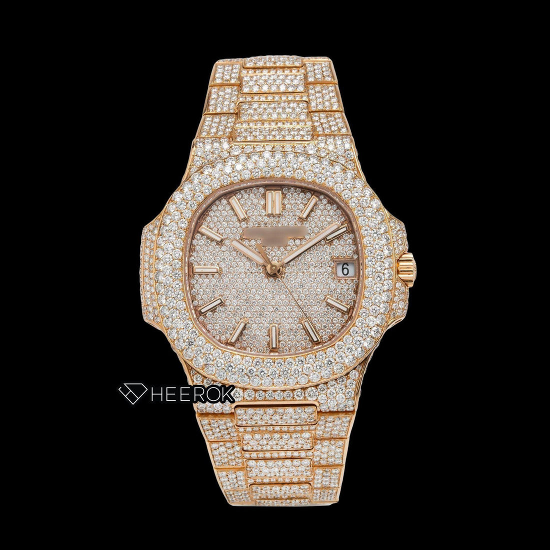 Patek Philippe Nautilus Full Pave Rose Gold Dial Stick Markers Diamond Bezel Fully Iced Moissanite Diamonds Front View.