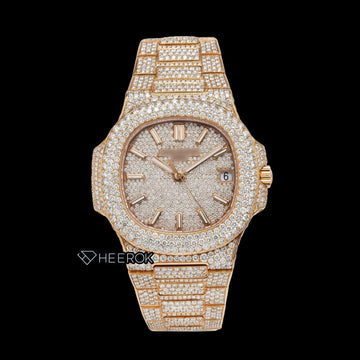 Patek Philippe Nautilus Full Pave Rose Gold Dial Stick Markers Diamond Bezel Fully Iced Moissanite Diamonds Front View.