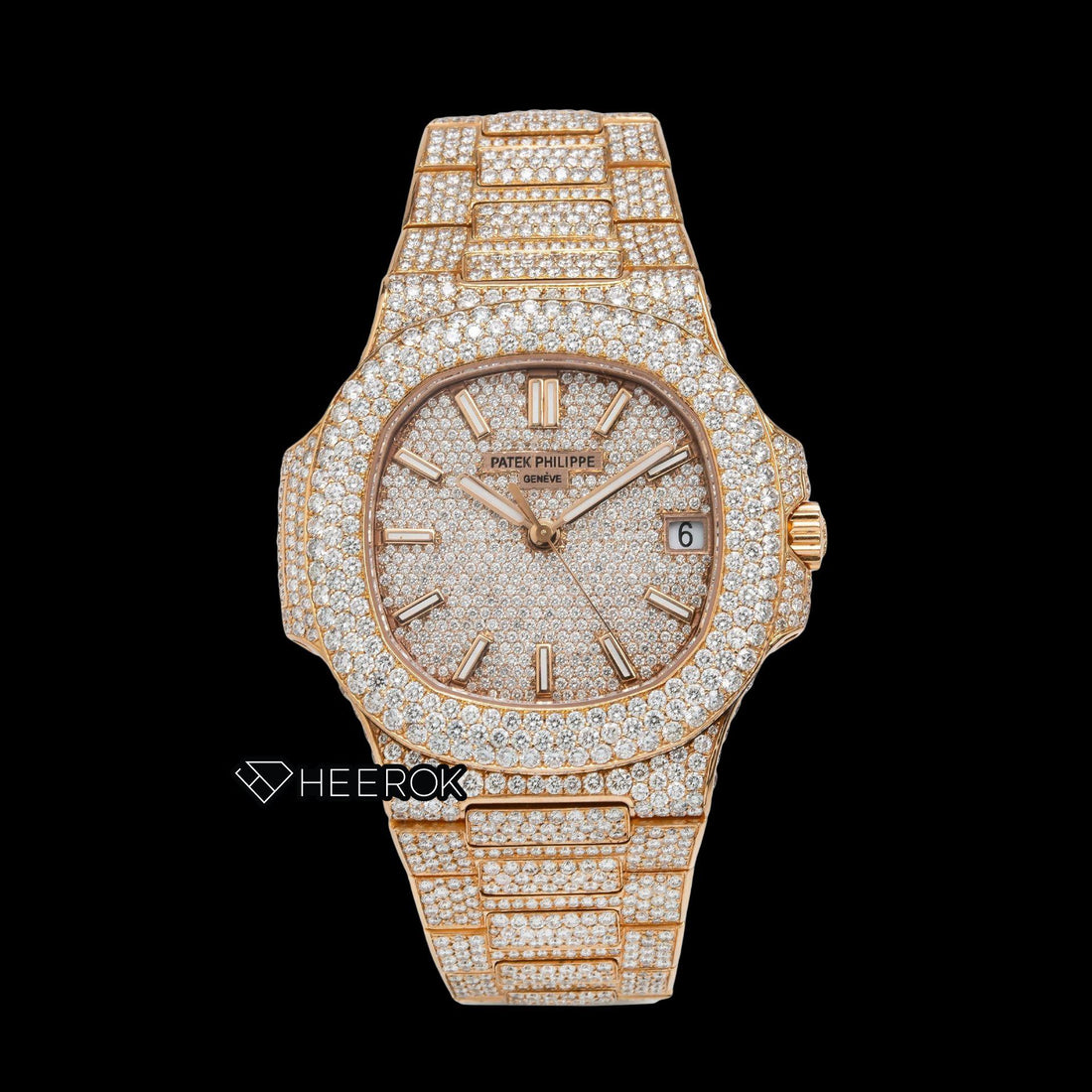 Patek Philippe Nautilus Full Pave Rose Gold Dial Stick Markers Diamond Bezel Fully Iced Moissanite Diamonds Front View