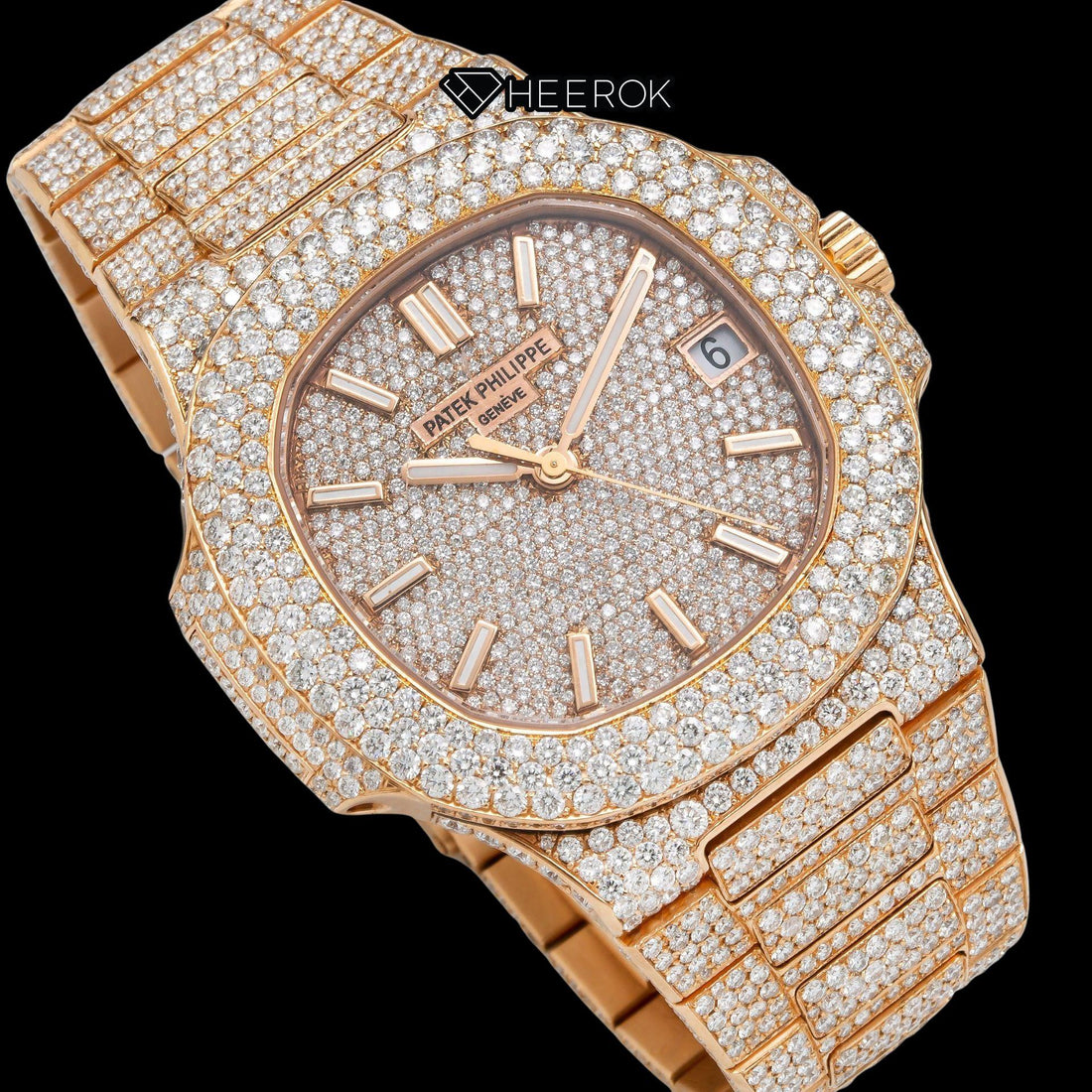 Patek Philippe Nautilus Full Pave Rose Gold Dial Stick Markers Diamond Bezel Fully Iced Moissanite Diamonds Front View