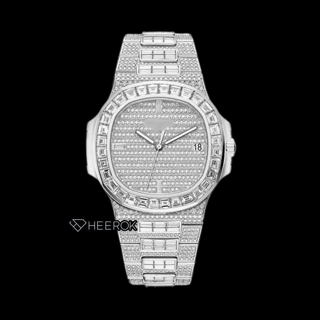 Patek Philippe Nautilus Full Pave White Dial Baguette Diamond Bezel Fully Iced Moissanite Diamond Front View.