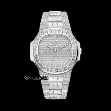 Patek Philippe Nautilus Full Pave White Dial Baguette Diamond Bezel Fully Iced Moissanite Diamond Front View.