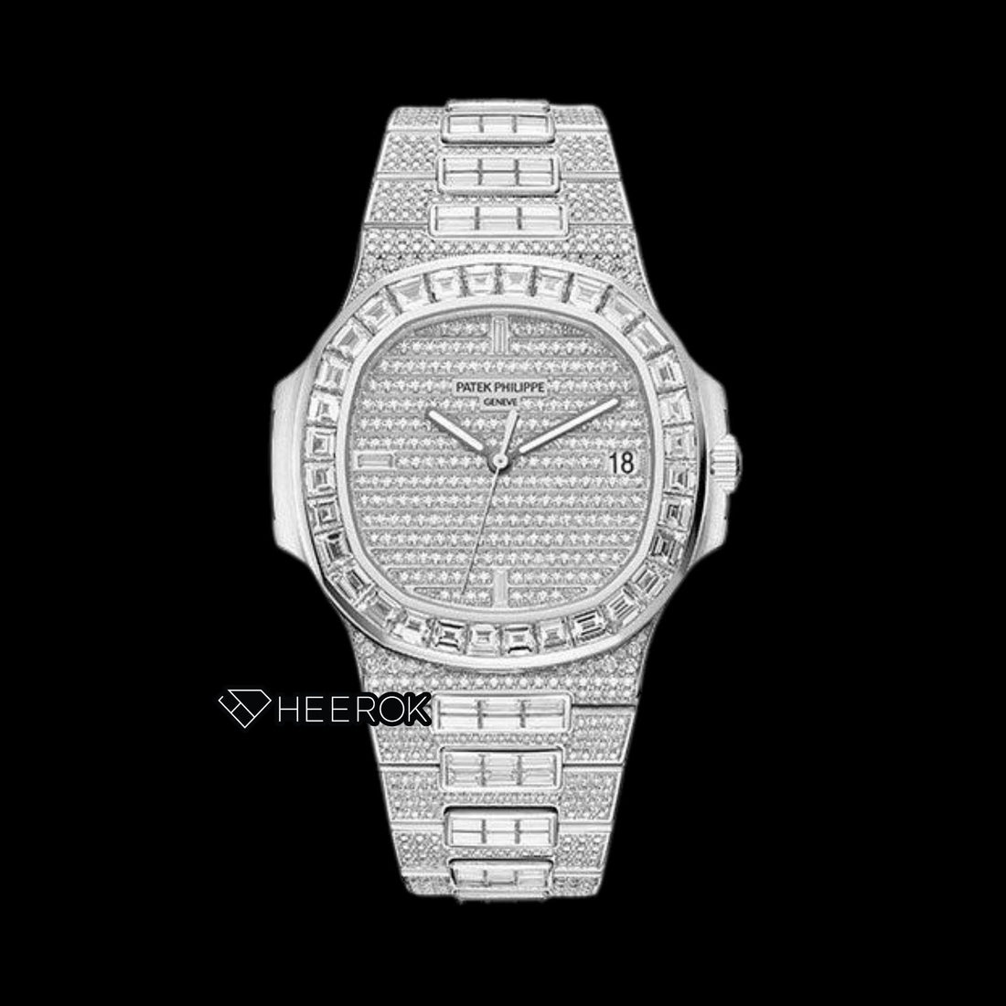 Patek Philippe Nautilus Full Pave White Dial Baguette Diamond Bezel Fully Iced Moissanite Diamond Front View