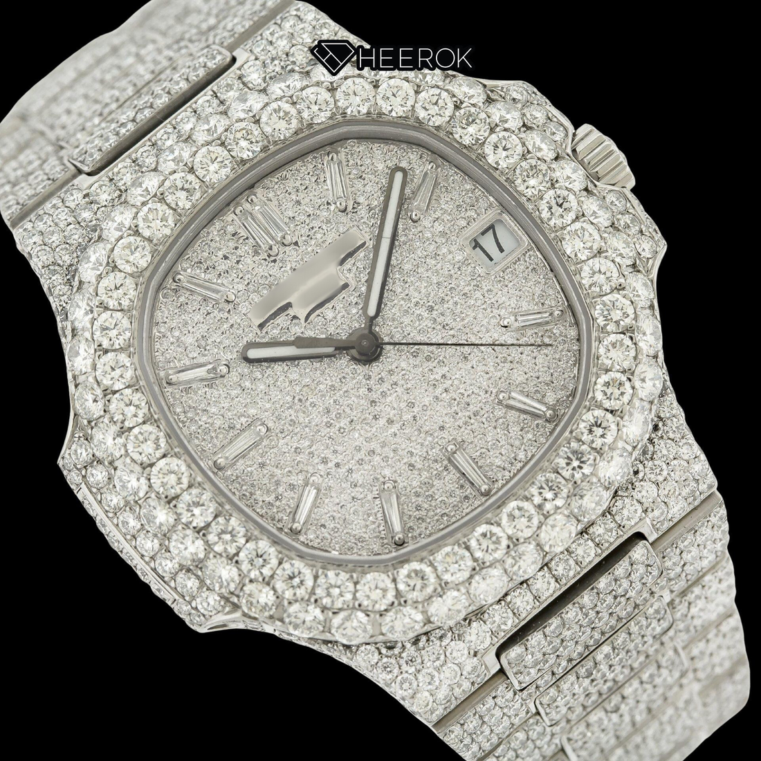 Patek Philippe Nautilus Full Pave White Dial Baguette Diamond Markers Diamond Bezel Fully Iced Moissanite Diamond Watch Front View.