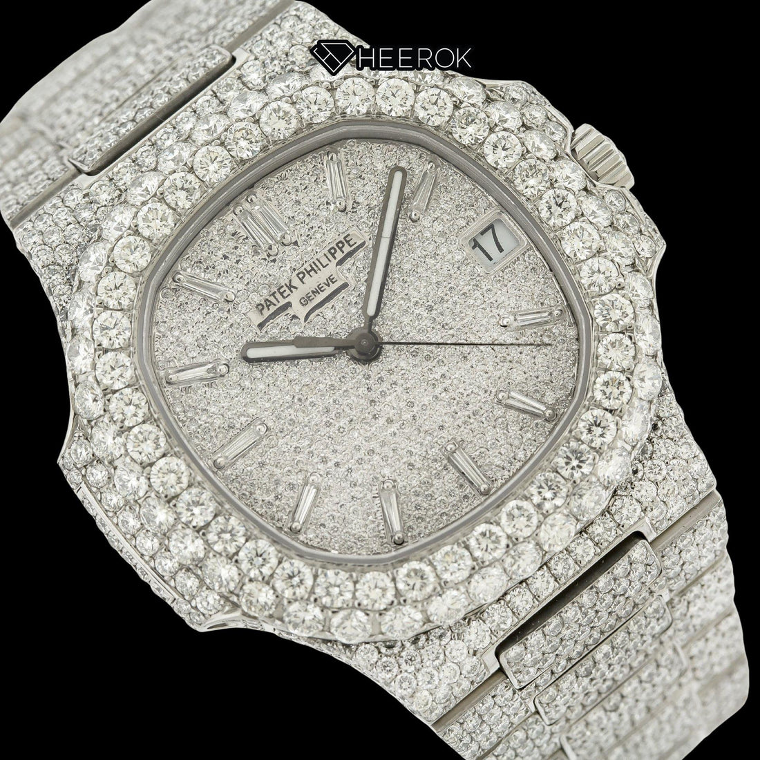 Patek Philippe Nautilus Full Pave White Dial Baguette Diamond Markers Diamond Bezel Fully Iced Moissanite Diamond Watch Front View