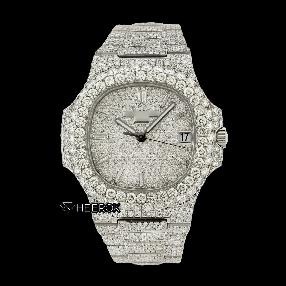 Patek Philippe Nautilus Full Pave White Dial Baguette Diamond Markers Diamond Bezel Fully Iced Moissanite Diamond Watch Front View.