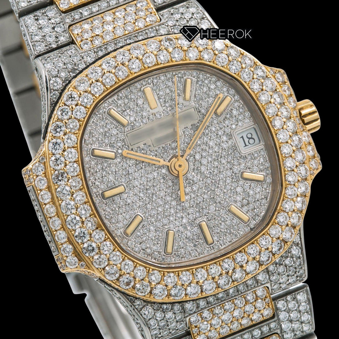 Patek Philippe Nautilus Full Pave White Dial Stick Markers Diamond Bezel Two Tone Yellow Gold Moissanite Diamond Watch Front View.