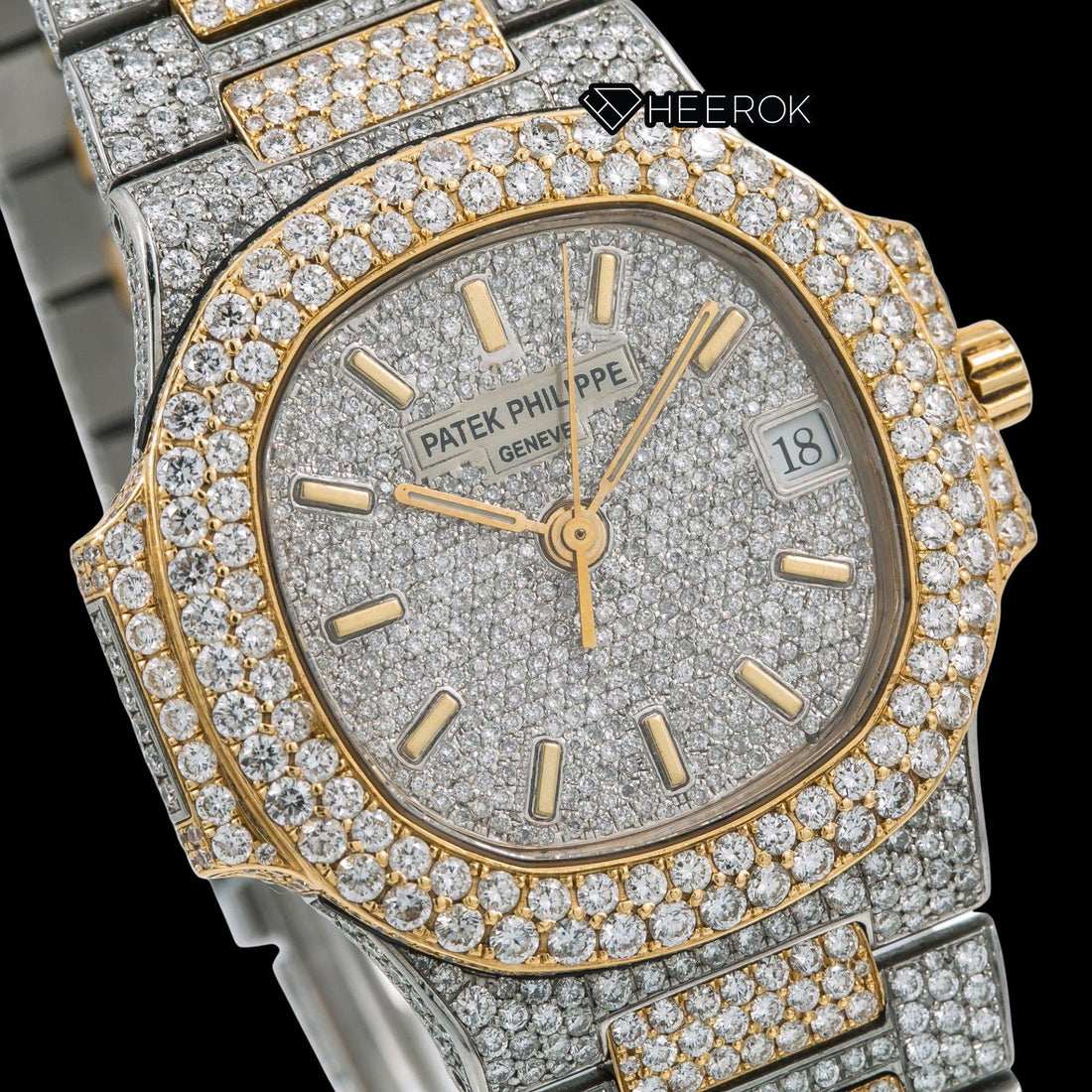 Patek Philippe Nautilus Full Pave White Dial Stick Markers Diamond Bezel Two Tone Yellow Gold Moissanite Diamond Watch Front View