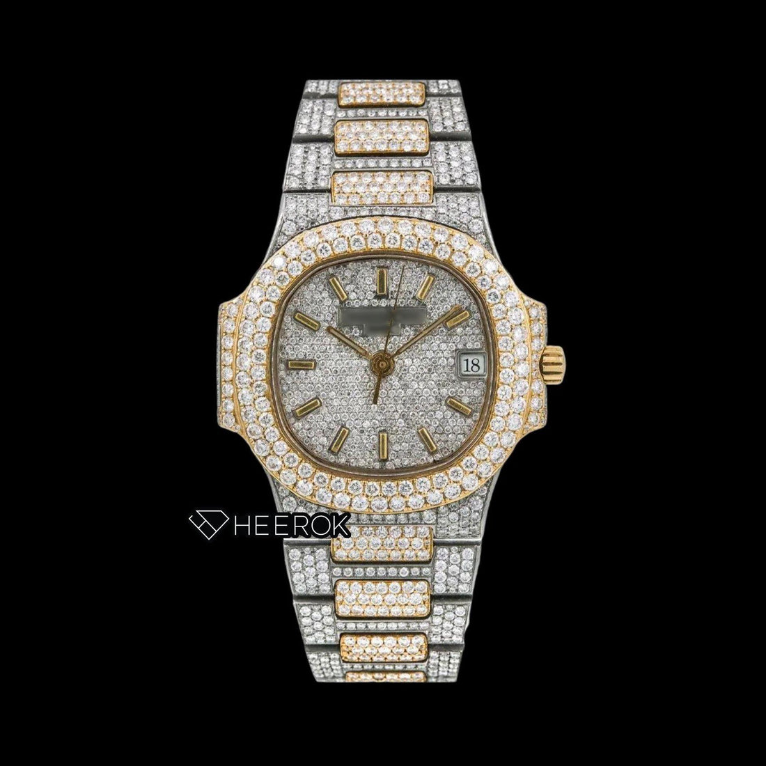 Patek Philippe Nautilus Full Pave White Dial Stick Markers Diamond Bezel Two Tone Yellow Gold Moissanite Diamond Watch Front View.