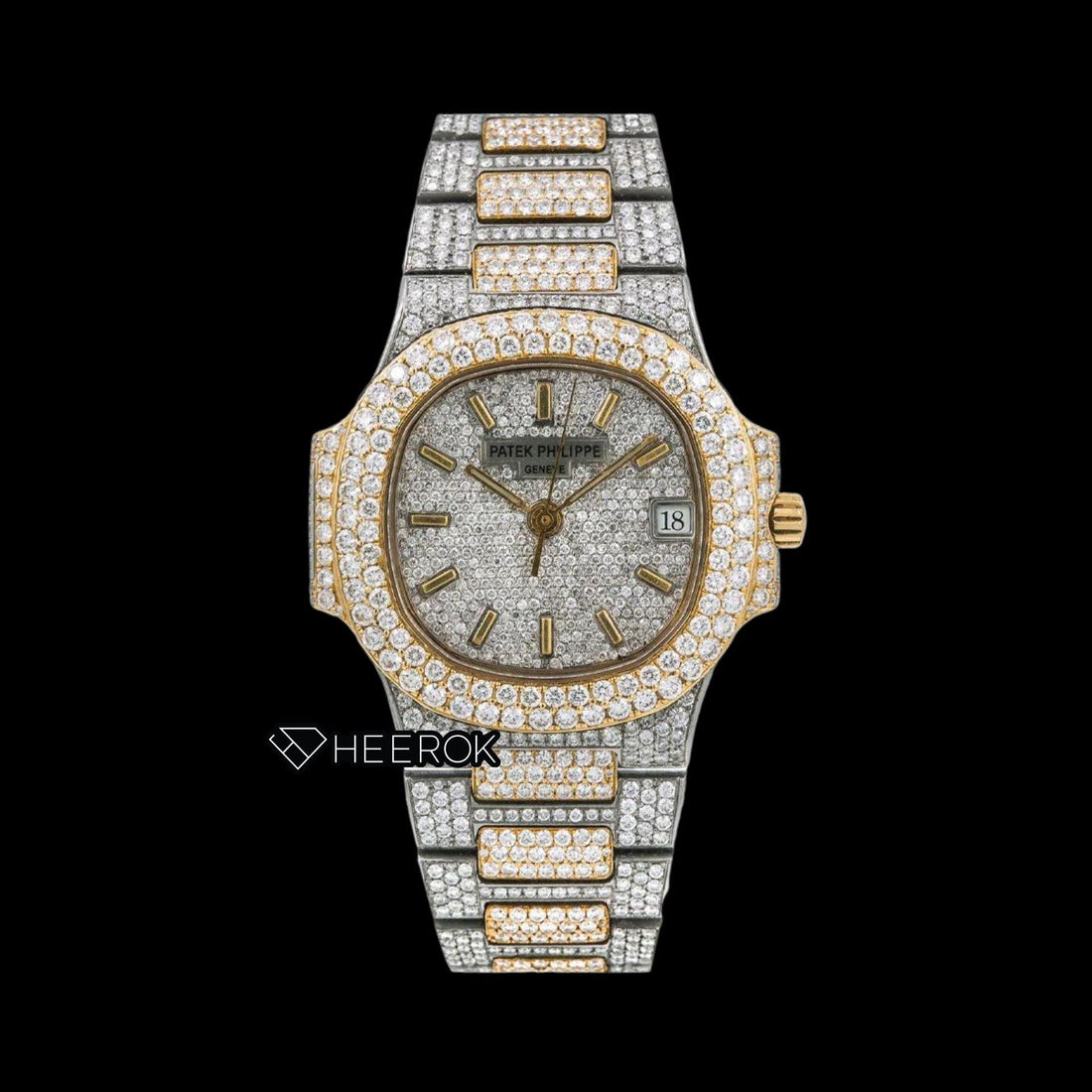 Patek Philippe Nautilus Full Pave White Dial Stick Markers Diamond Bezel Two Tone Yellow Gold Moissanite Diamond Watch Front View