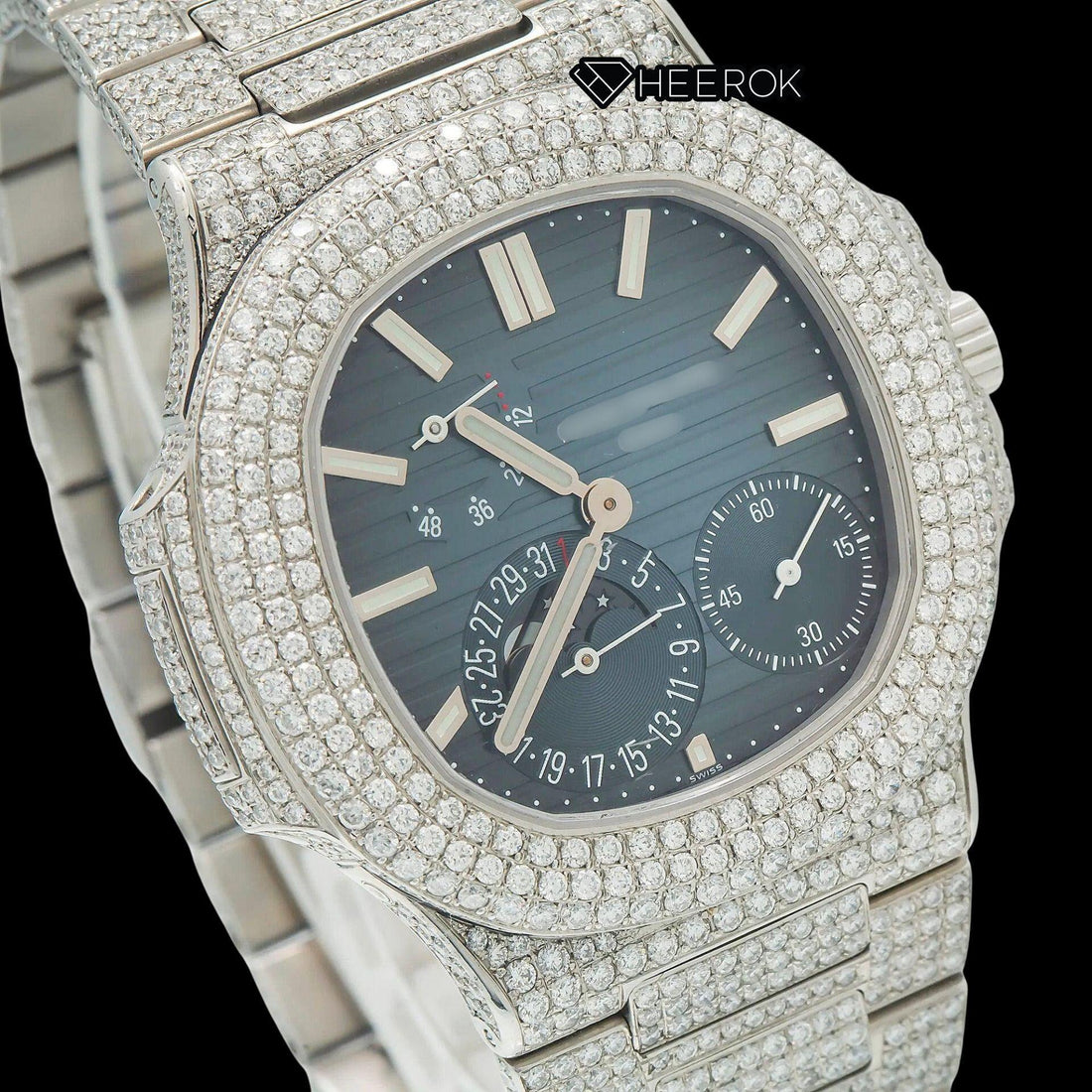 Patek Philippe Nautilus Moonphase Blue Dial Stick Markers Diamond Bezel Moissanite Diamond Front View.