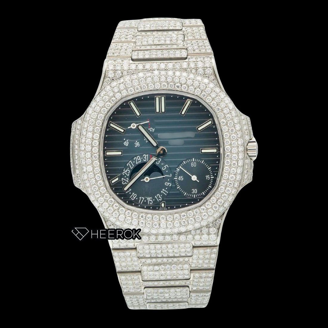 Patek Philippe Nautilus Moonphase Blue Dial Stick Markers Diamond Bezel Moissanite Diamond Front View.