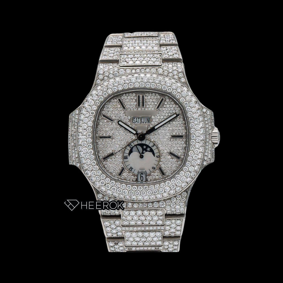 Patek Philippe Nautilus Moonphase Dial Black Stick Markers Diamond Bezel Fully Iced Moissanite Diamond Front View.
