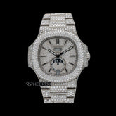 Patek Philippe Nautilus Moonphase White Dial Stick Markers Diamond Bezel Fully Iced Moissanite Diamond Front View.