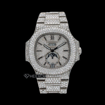 Patek Philippe Nautilus Moonphase White Dial Stick Markers Diamond Bezel Fully Iced Moissanite Diamond Front View.