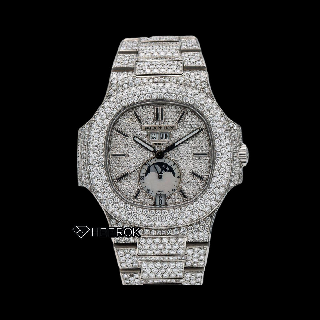 Patek Philippe Nautilus Moonphase White Dial Stick Markers Diamond Bezel Fully Iced Moissanite Diamond Front View