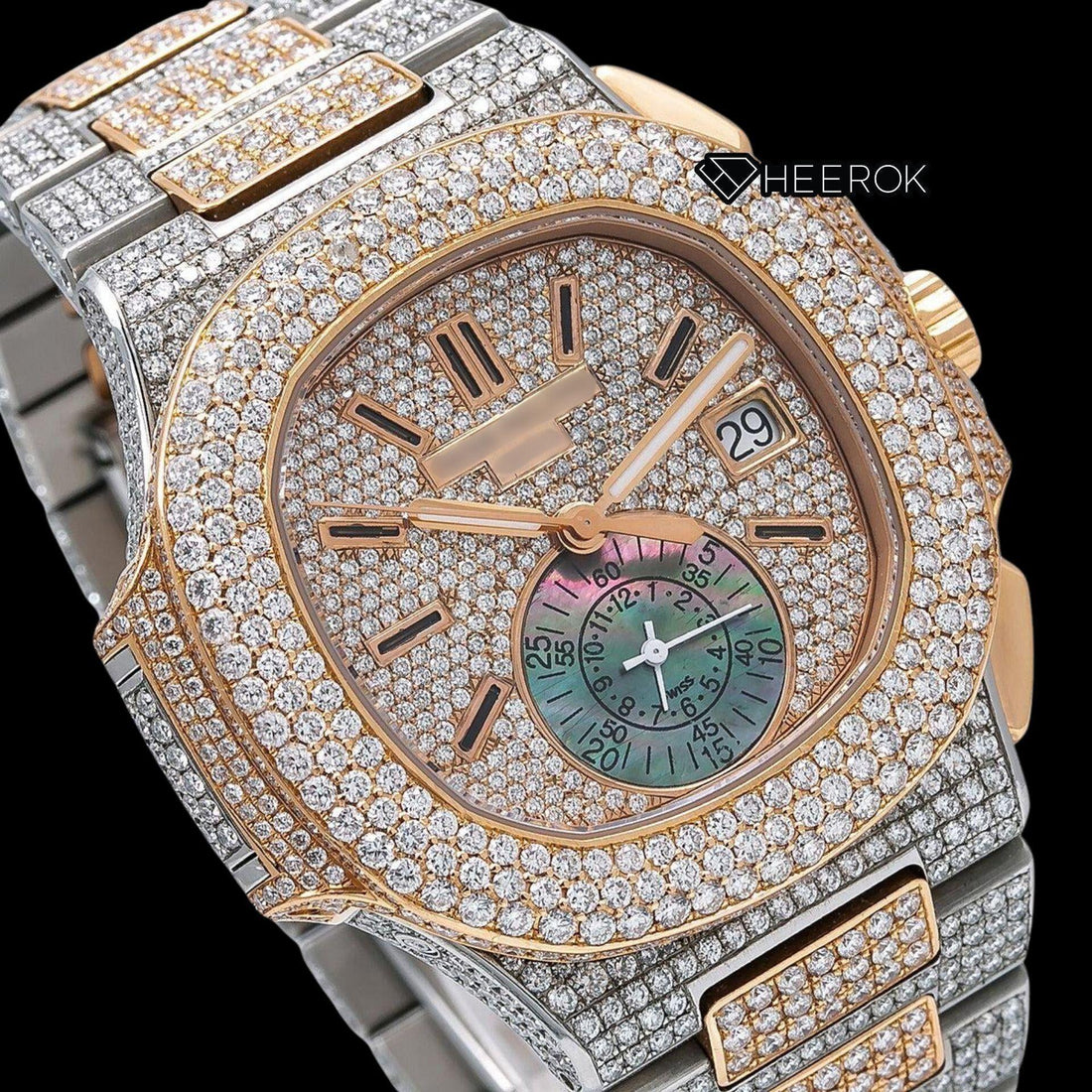 Patek Philippe Nautilus Rose Gold Dial Stick Markers Diamond Bezel Two-Tone Rose Gold Moissanite Diamonds Front View.