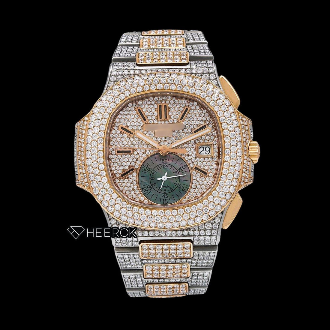 Patek Philippe Nautilus Rose Gold Dial Stick Markers Diamond Bezel Two-Tone Rose Gold Moissanite Diamonds Front View.